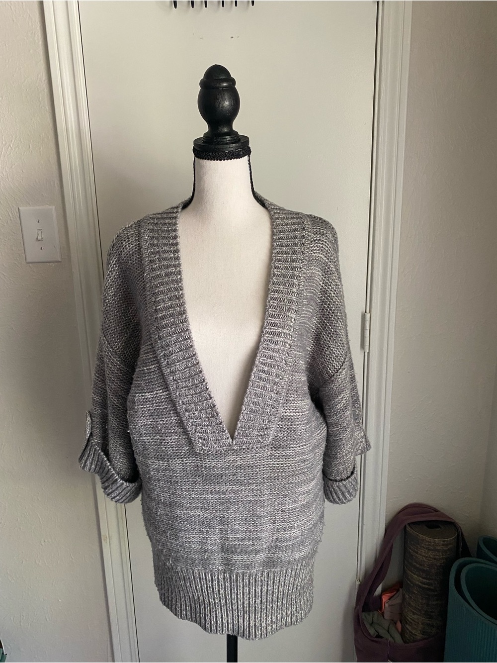 a.n.a Gray Deep V-Neck Marled Knit Sweater